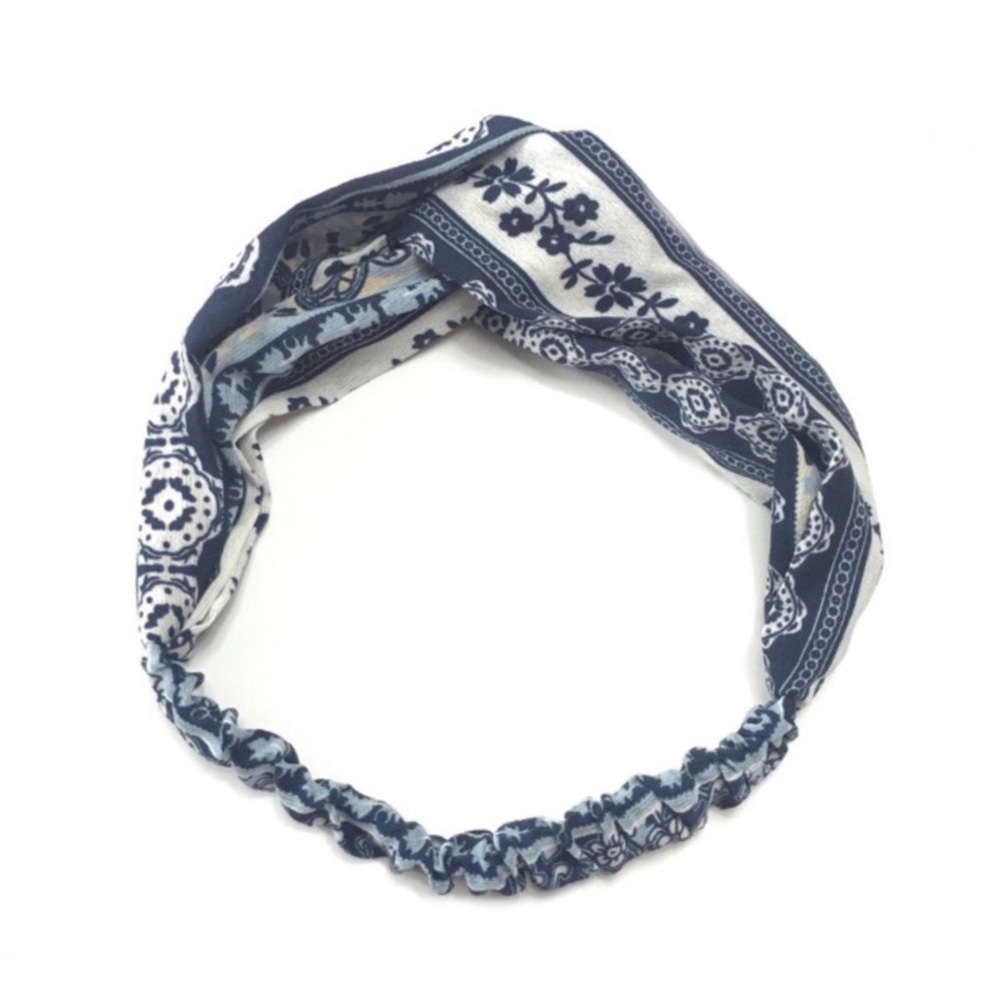 Navy Blue & White Print Boho Twist Headband